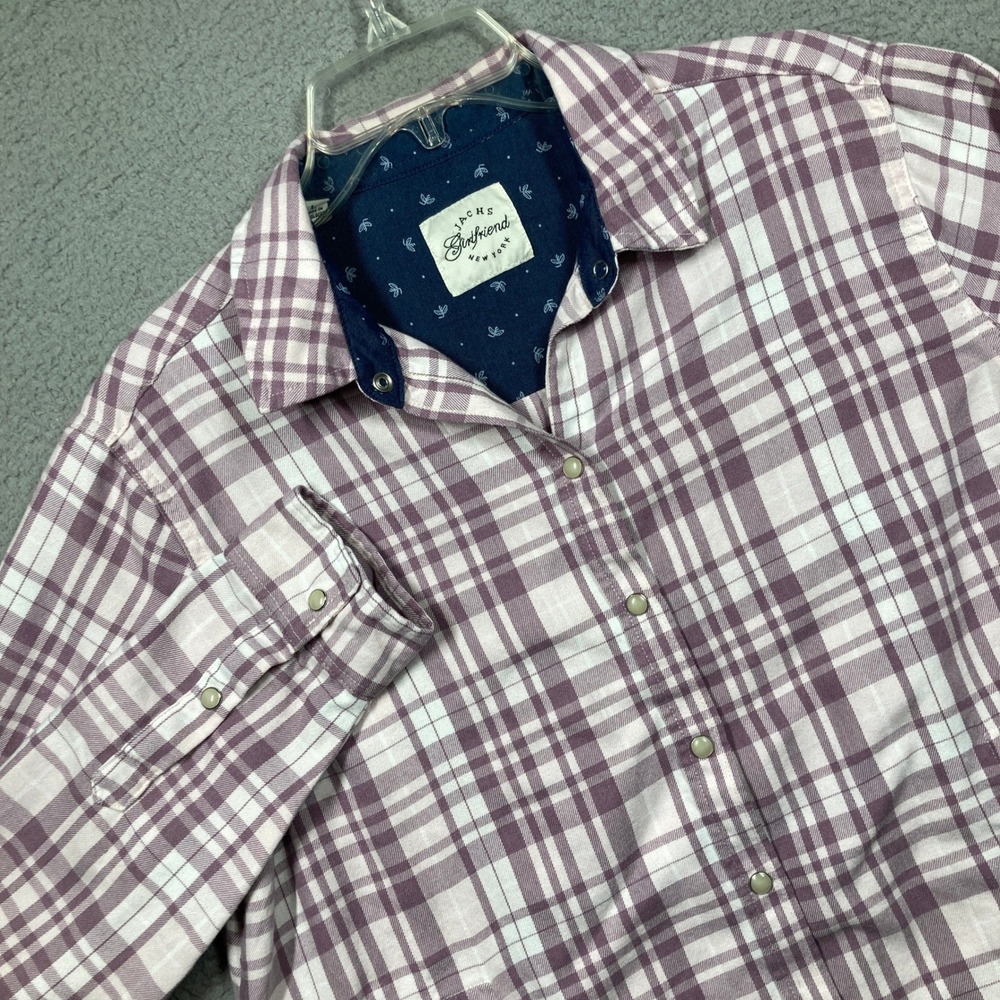 Jachs‎ Girlfriend New York Flannel Shirt Womens Large Purple Plaid Pearl Snap